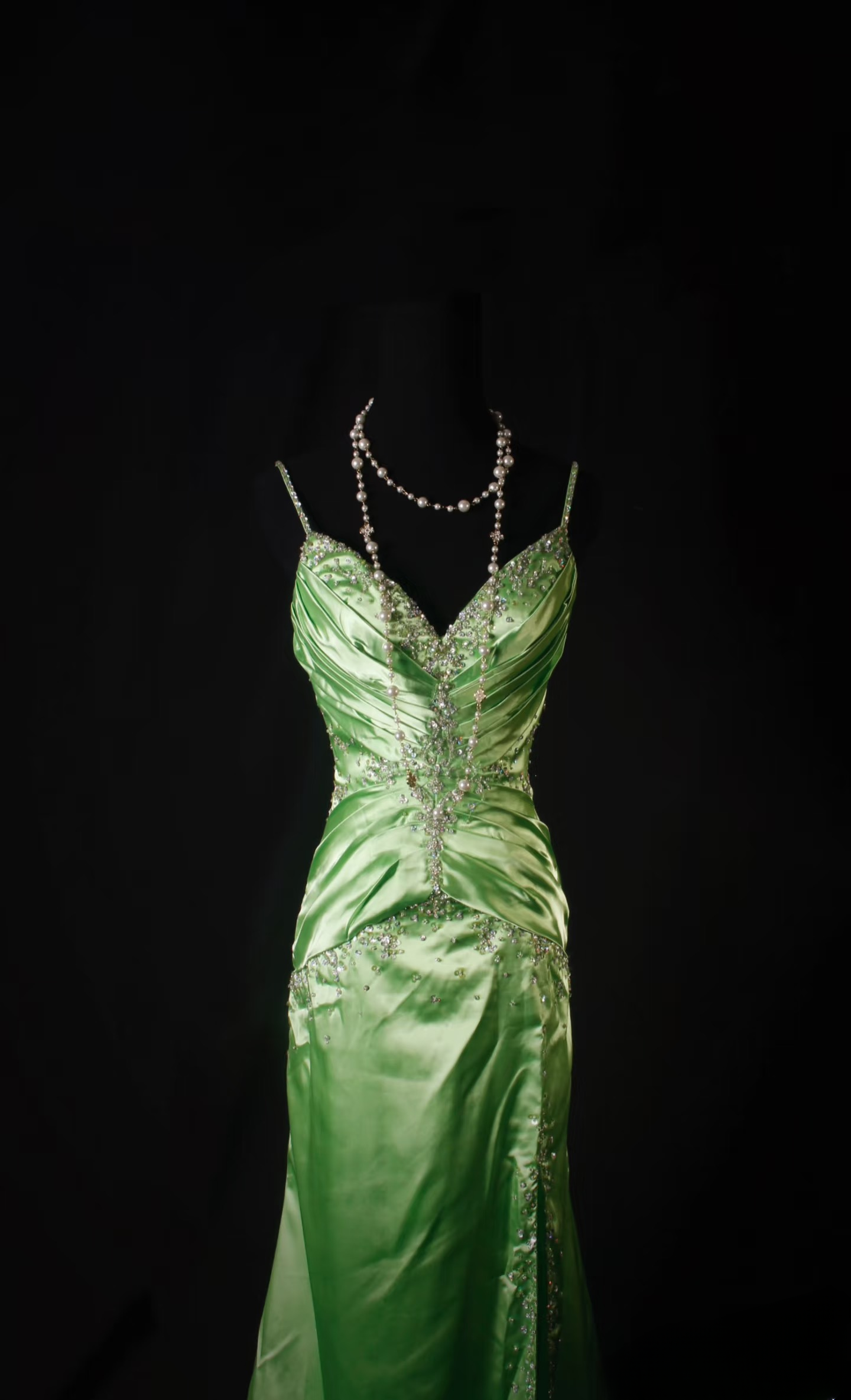 Retro Prom Dresses Mermaid Spaghetti Strap 80s With Silver Beaded Slit Green Satin Vintage Fashion Long Prom Dresses Party Gowns AU038