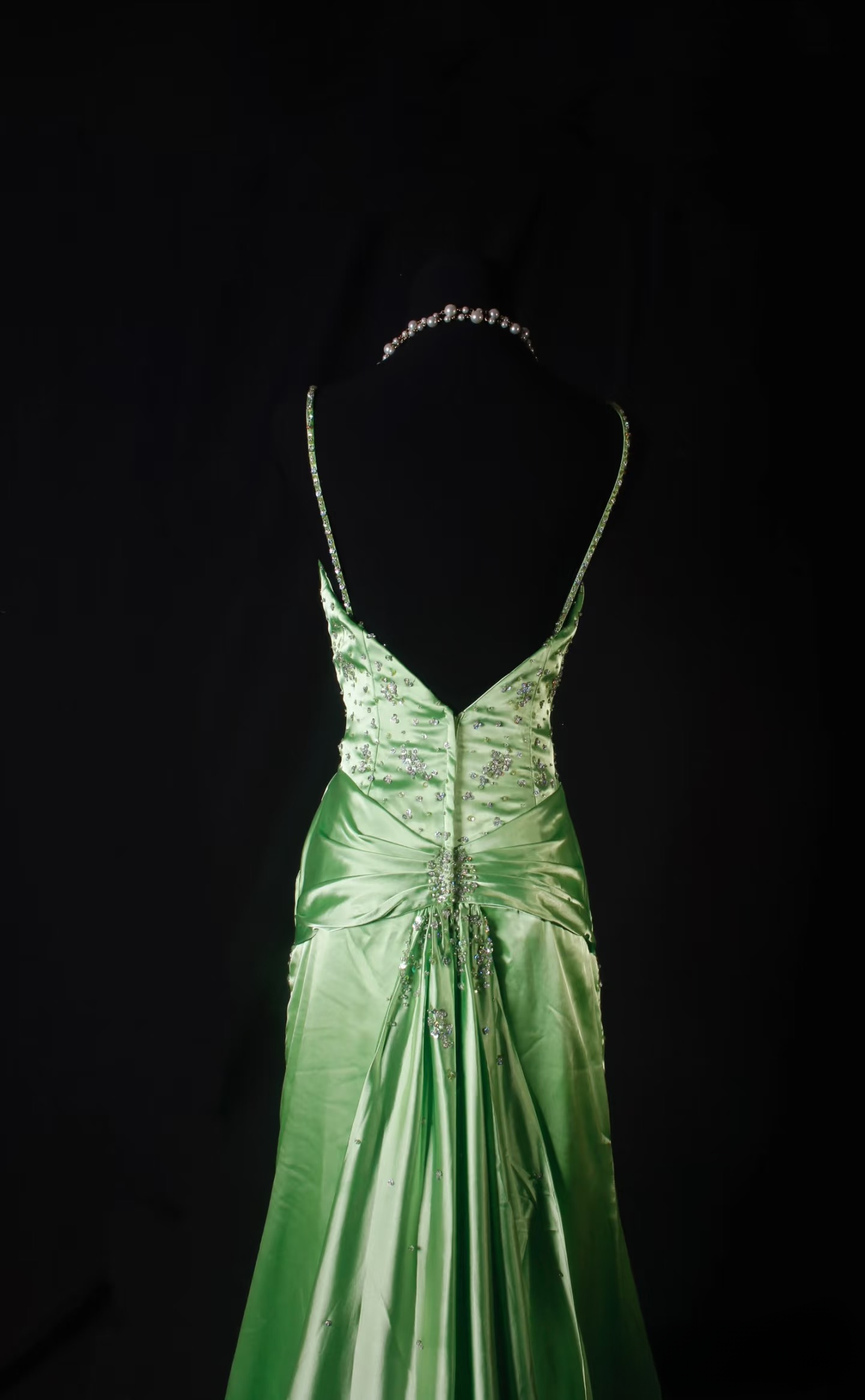 Retro Prom Dresses Mermaid Spaghetti Strap 80s With Silver Beaded Slit Green Satin Vintage Fashion Long Prom Dresses Party Gowns AU038