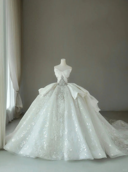 Classic Ball Gown Sweetheart White Sequin With Beading Groom Bride Gown Bridal Dress Style Wedding Dresses RB6988