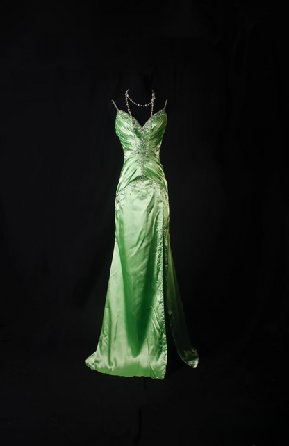 Retro Prom Dresses Mermaid Spaghetti Strap 80s With Silver Beaded Slit Green Satin Vintage Fashion Long Prom Dresses Party Gowns AU038