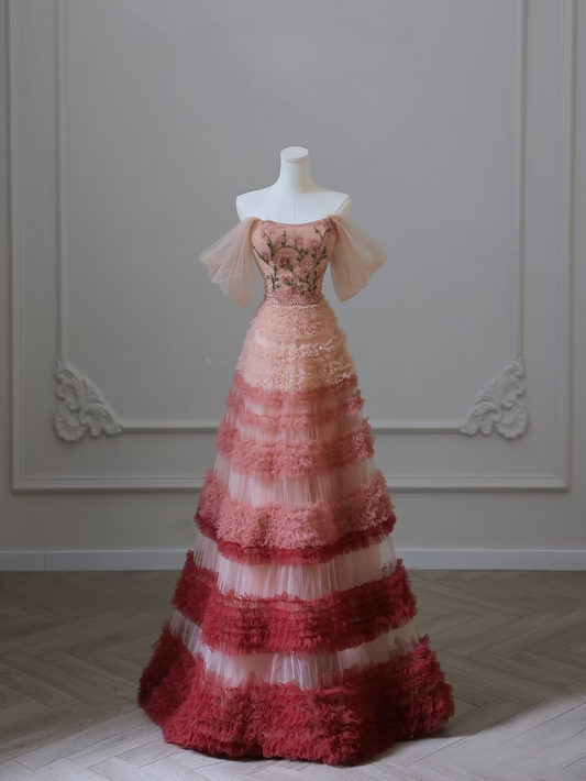 Modest Ball Gown Off The Shoulder Tulle Pink Floor Length Stunning Prom Dresses Inspiration Prom Dress Princess Dance Formal Graduation Dress AU039