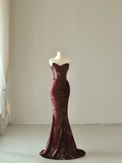 Sparkly Mermaid Sweetheart Burgundy Sequins Sleeveless Prom Dresses Long Prom Gowns AB219
