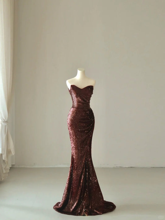 Sparkly Mermaid Sweetheart Burgundy Sequins Sleeveless Prom Dresses Long Prom Gowns AB219
