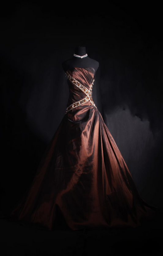Vintage Ball Gown Strapless Brown Beaded 80s Taffeta Inspiration Long Prom Dresses Evening Party Dress Prom Gowns AU039