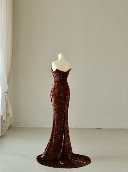 Sparkly Mermaid Sweetheart Burgundy Sequins Sleeveless Prom Dresses Long Prom Gowns AB219