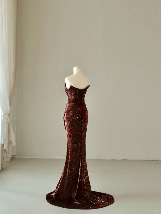 Sparkly Mermaid Sweetheart Burgundy Sequins Sleeveless Prom Dresses Long Prom Gowns AB219