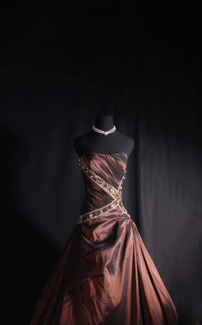 Vintage Ball Gown Strapless Brown Beaded 80s Taffeta Inspiration Long Prom Dresses Evening Party Dress Prom Gowns AU039