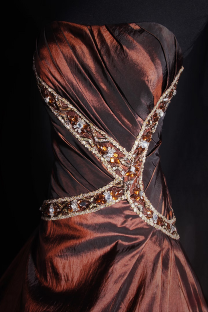 Vintage Ball Gown Strapless Brown Beaded 80s Taffeta Inspiration Long Prom Dresses Evening Party Dress Prom Gowns AU039