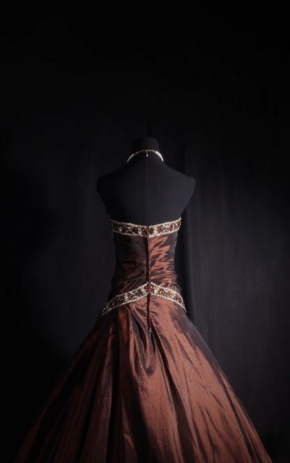 Vintage Ball Gown Strapless Brown Beaded 80s Taffeta Inspiration Long Prom Dresses Evening Party Dress Prom Gowns AU039
