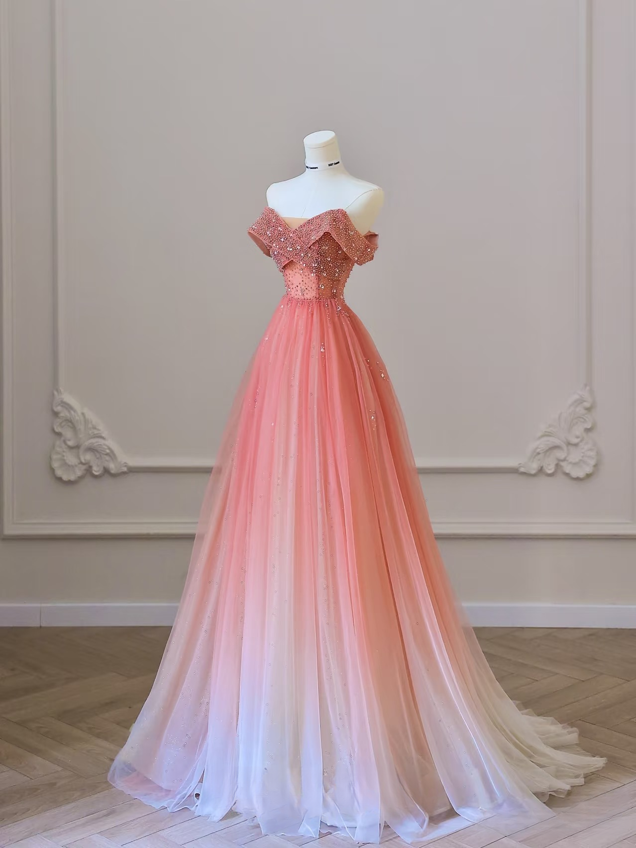 Modest Ball Gown Off The Shoulder Tulle Pink Ombre Floor Length Stunning Prom Dresses Inspiration Prom Dress Princess Formal Graduation Dress AU040