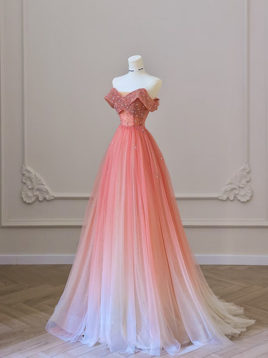 Modest Ball Gown Off The Shoulder Tulle Pink Ombre Floor Length Stunning Prom Dresses Inspiration Prom Dress Princess Formal Graduation Dress AU040