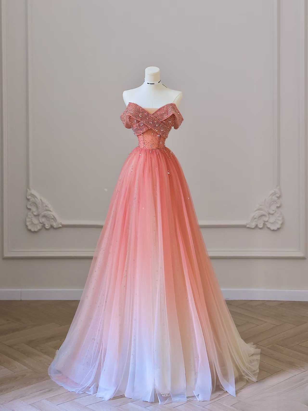 Modest Ball Gown Off The Shoulder Tulle Pink Ombre Floor Length Stunning Prom Dresses Inspiration Prom Dress Princess Formal Graduation Dress AU040