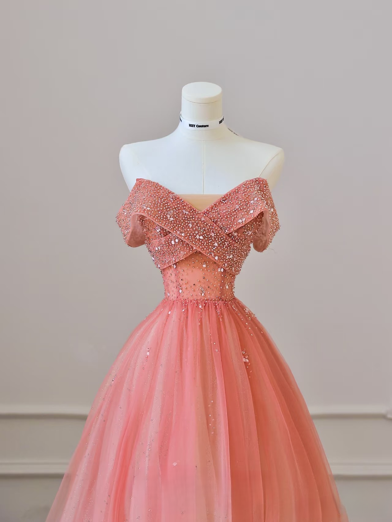 Modest Ball Gown Off The Shoulder Tulle Pink Ombre Floor Length Stunning Prom Dresses Inspiration Prom Dress Princess Formal Graduation Dress AU040