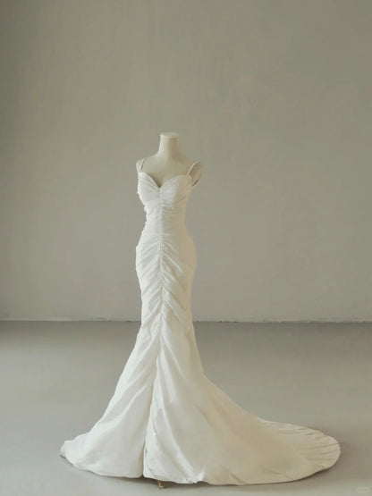 Elegant Mermaid Spaghetti Straps With Ruffled White Tulle Groom Bride Gown Bridal Dress Style Wedding Dresses RB7395