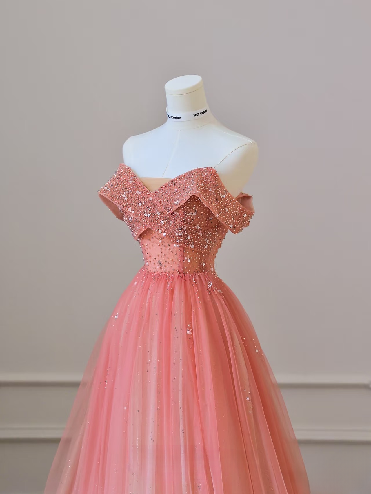 Modest Ball Gown Off The Shoulder Tulle Pink Ombre Floor Length Stunning Prom Dresses Inspiration Prom Dress Princess Formal Graduation Dress AU040