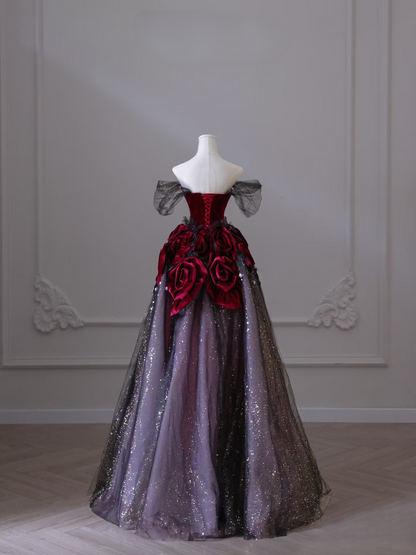 Sexy Ball Gown Off The Shoulder Tulle Short Sleeves Red Floor Length Stunning Prom Dresses Inspiration High School Dance Dress Princess Graduation Gown AU041