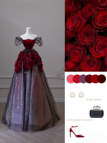 Sexy Ball Gown Off The Shoulder Tulle Short Sleeves Red Floor Length Stunning Prom Dresses Inspiration High School Dance Dress Princess Graduation Gown AU041