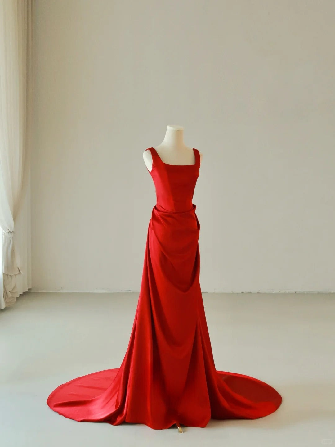 Simple Mermaid Square Neck Satin Red Sleeveless Prom Dresses Long Prom Gowns AB220