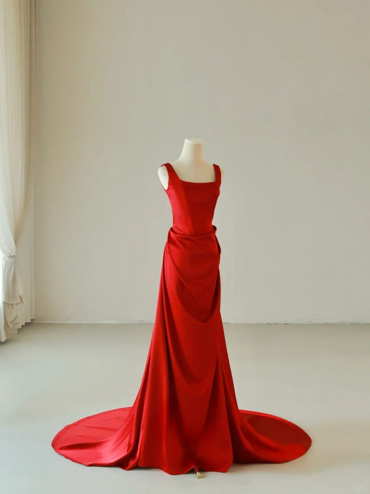 Simple Mermaid Square Neck Satin Red Sleeveless Prom Dresses Long Prom Gowns AB220
