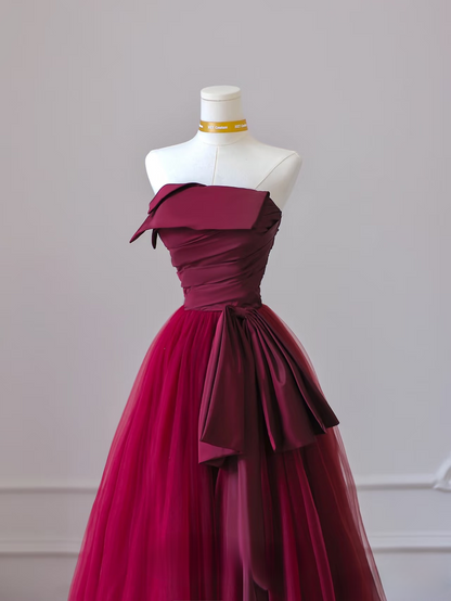 Cute A Line Strapless Burgundy Tulle Stunning Prom Dresses Inspiration Prom Dress Princess Dance Formal Graduation Dress AU043