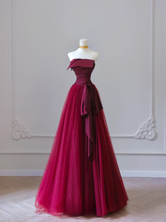 Cute A Line Strapless Burgundy Tulle Stunning Prom Dresses Inspiration Prom Dress Princess Dance Formal Graduation Dress AU043