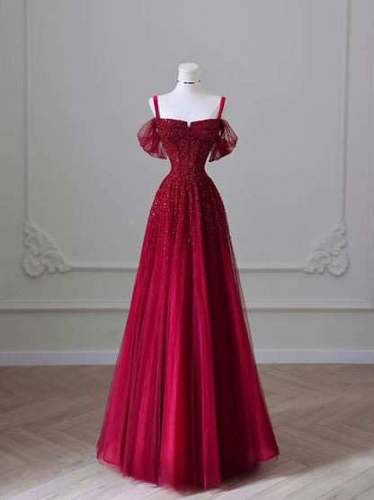 Elegant Ball Gown Spaghetti Straps Tulle Short Sleeves Burgundy Long Stunning Prom Dresses Inspiration Prom Gowns Princess Graduation Dress AU044