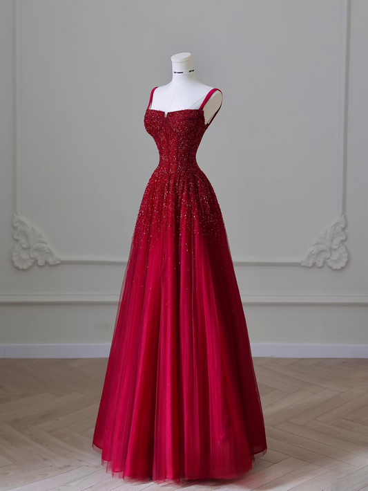 Elegant Ball Gown Spaghetti Straps Tulle Short Sleeves Burgundy Long Stunning Prom Dresses Inspiration Prom Gowns Princess Graduation Dress AU044