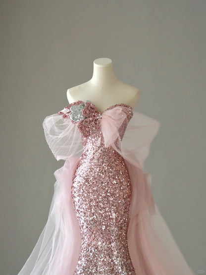 Sparkly Mermaid Sweetheart Ombre Pink Silver Sequins Sleeveless Prom Dresses Long Prom Gowns AB221