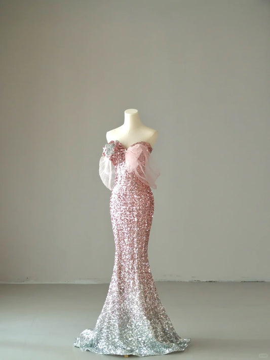 Sparkly Mermaid Sweetheart Ombre Pink Silver Sequins Sleeveless Prom Dresses Long Prom Gowns AB221
