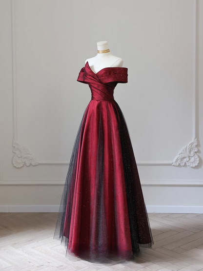 Modest Ball Gown Off The Shoulder Tulle Burgundy Stunning Prom Dresses Inspiration Prom Gowns With Sleeves Princess Formal Graduation Dress AU045