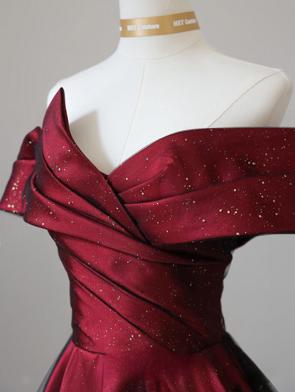 Modest Ball Gown Off The Shoulder Tulle Burgundy Stunning Prom Dresses Inspiration Prom Gowns With Sleeves Princess Formal Graduation Dress AU045
