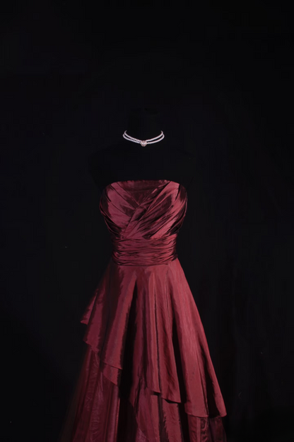 Vintage Ball Gown Strapless Burgundy 80s Taffeta Inspiration Long Prom Dresses Evening Party Dress Prom Gowns AU045