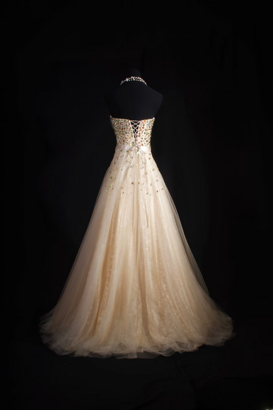 Vintage Prom Dresses 1980s Retro Classy A line Sweethart Tulle Champagne Beaded Inspo Long Prom Gown AU046