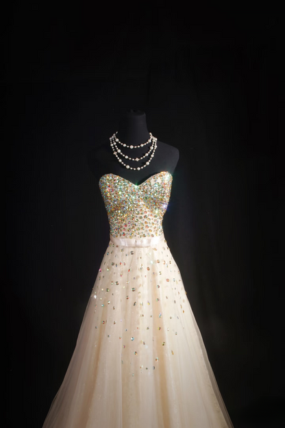 Vintage Prom Dresses 1980s Retro Classy A line Sweethart Tulle Champagne Beaded Inspo Long Prom Gown AU046