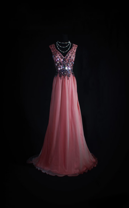 Vintage Prom Dresses 1950s Retro Classy A line V Neck Pink Chiffon Beaded Inspo Long Prom Gown AU047
