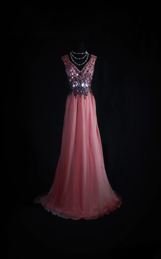 Vintage Prom Dresses 1950s Retro Classy A line V Neck Pink Chiffon Beaded Inspo Long Prom Gown AU047