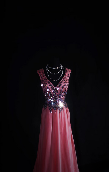 Vintage Prom Dresses 1950s Retro Classy A line V Neck Pink Chiffon Beaded Inspo Long Prom Gown AU047