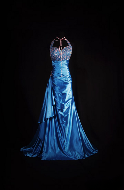 Retro Prom Dresses Sheath Halter Blue With Silver Beaded 70s 80s Pleated Vintage Fashion Long Prom Dresses Party Gowns AU048