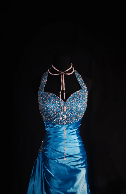 Retro Prom Dresses Sheath Halter Blue With Silver Beaded 70s 80s Pleated Vintage Fashion Long Prom Dresses Party Gowns AU048