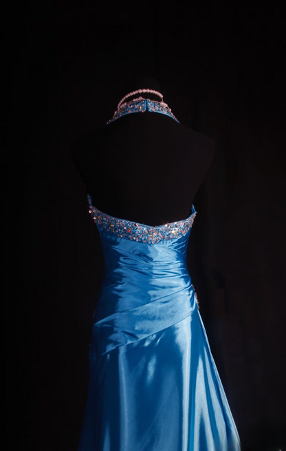 Retro Prom Dresses Sheath Halter Blue With Silver Beaded 70s 80s Pleated Vintage Fashion Long Prom Dresses Party Gowns AU048