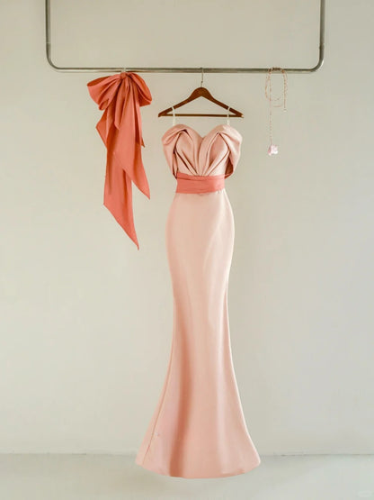 Simple Mermaid Sweetheart Blush Pink Satin Short Sleeves Prom Dresses Long Prom Gowns AB222