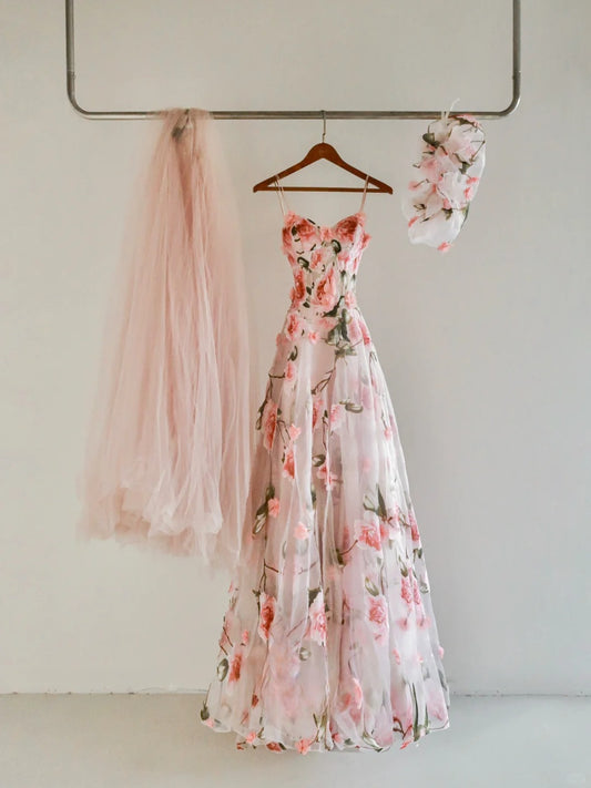 Beautiful A line Spaghetti Straps Lace Blush Pink Long Prom Dresses Floral Prom Gowns AB223