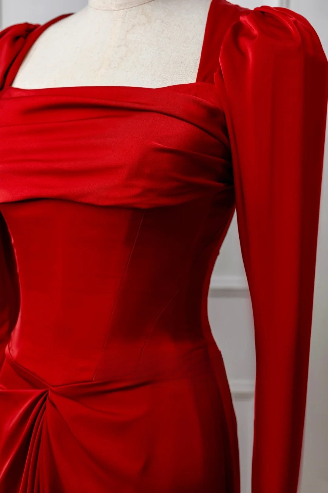 Classy Mermaid Square Neck Red Prom Dresses Long Sleeve Party Dress Evening Outfits Graduation Dress AU050