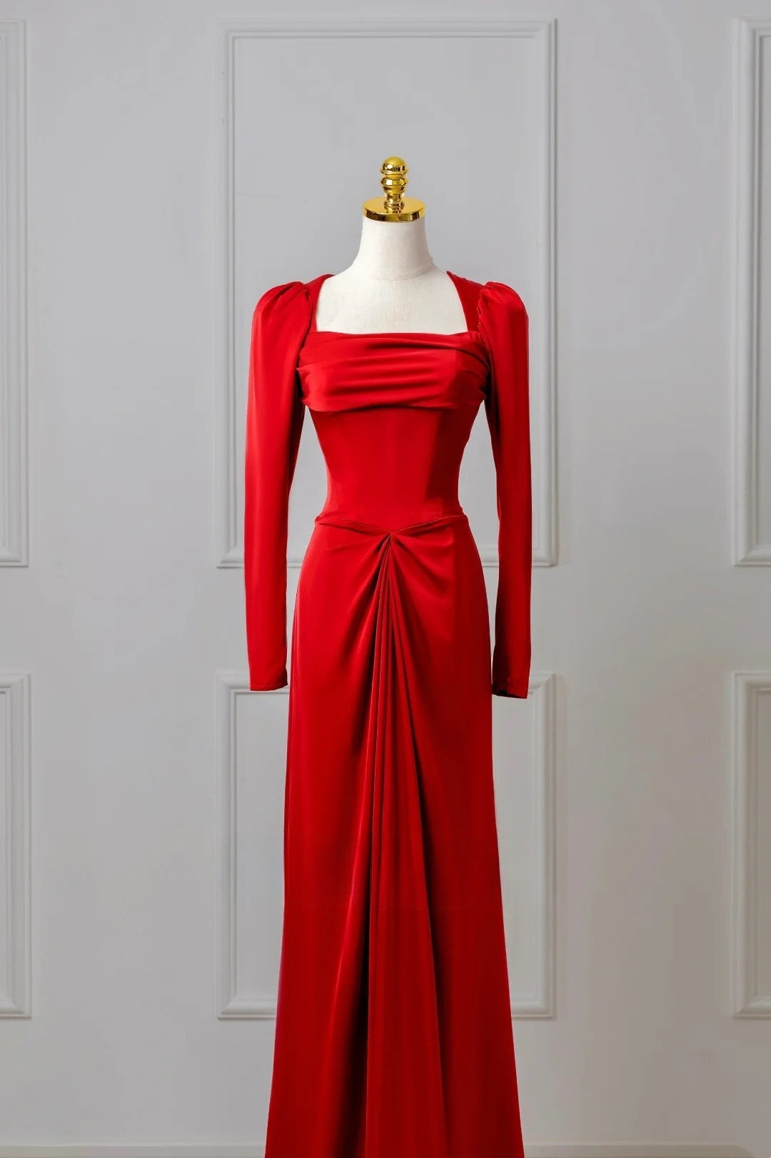 Classy Mermaid Square Neck Red Prom Dresses Long Sleeve Party Dress Evening Outfits Graduation Dress AU050