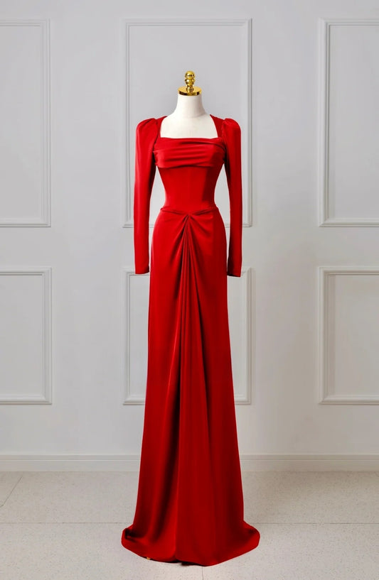 Classy Mermaid Square Neck Red Prom Dresses Long Sleeve Party Dress Evening Outfits Graduation Dress AU050