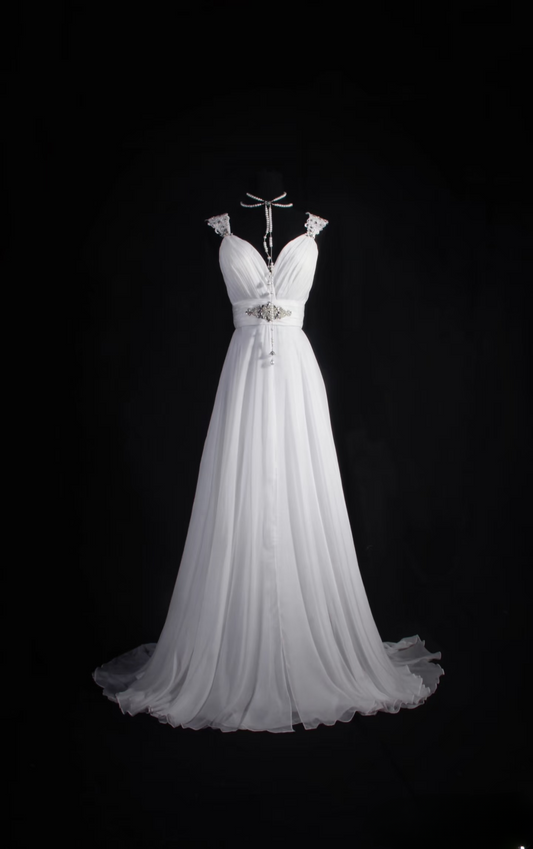 Retro A Line Sweetheart 1960s White Chiffon Fitted Bride Gown Long Lace Wedding Dresses AU050