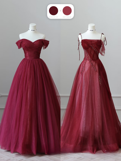 Elegant Ball Gown Spaghetti Straps Burgundy Tulle Floor Length Amazing Prom Dress Inspiration Ideas Prom Gowns Inspo Grad Dress AU051