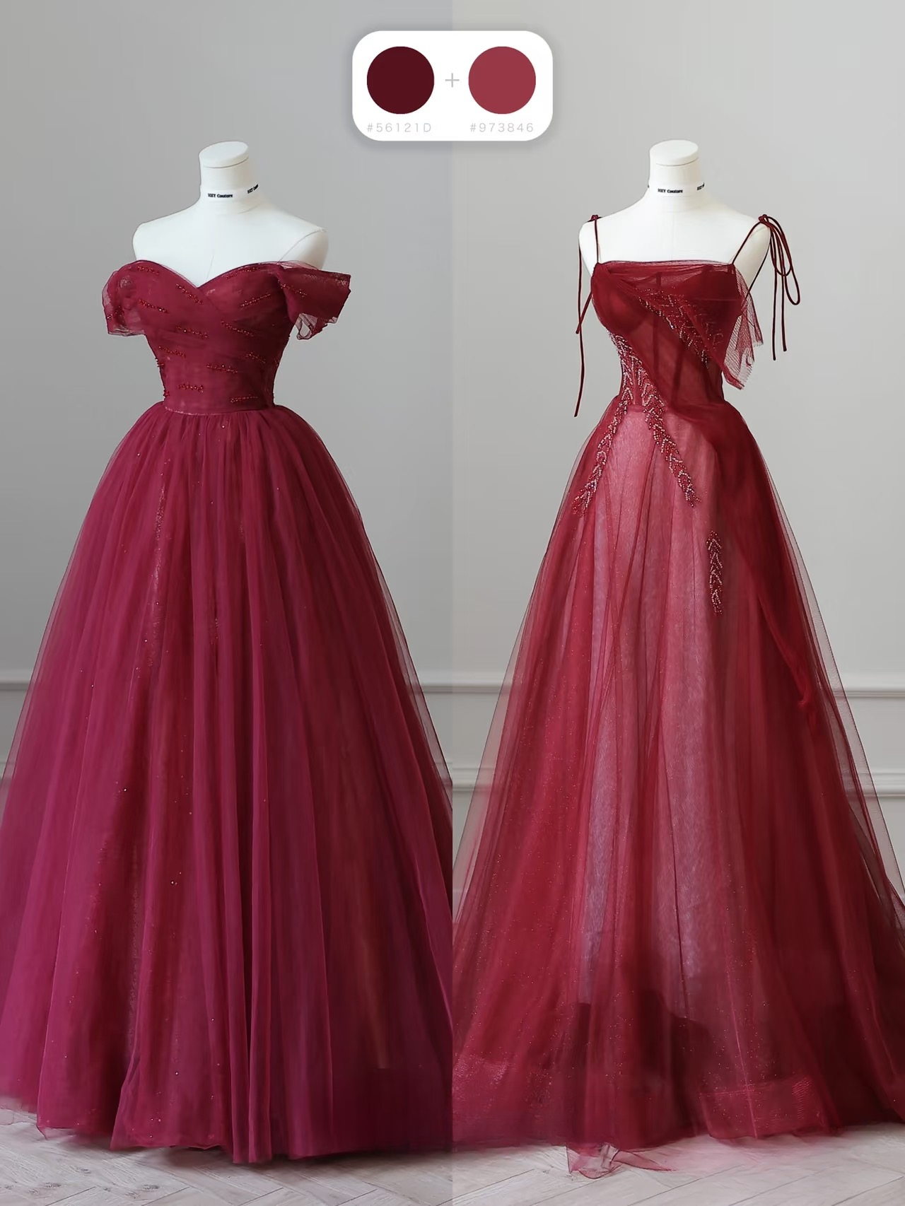 Elegant Ball Gown Spaghetti Straps Burgundy Tulle Floor Length Amazing Prom Dress Inspiration Ideas Prom Gowns Inspo Grad Dress AU051