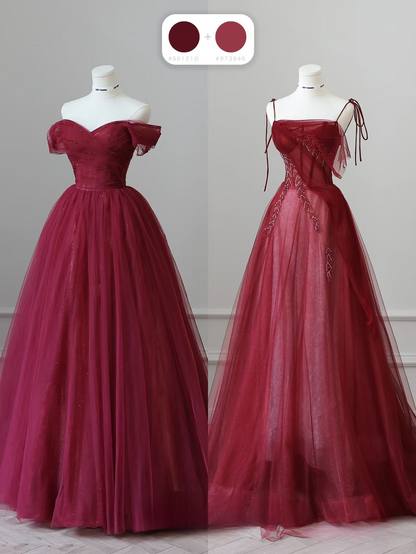 Elegant Ball Gown Spaghetti Straps Burgundy Tulle Floor Length Amazing Prom Dress Inspiration Ideas Prom Gowns Inspo Grad Dress AU051