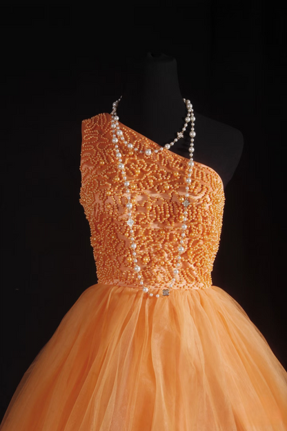 Cute Ball Gown One Shoulder Orange Tulle Short 16th Birthday Dress Homecoming Dresses Cocktail Gown AU051